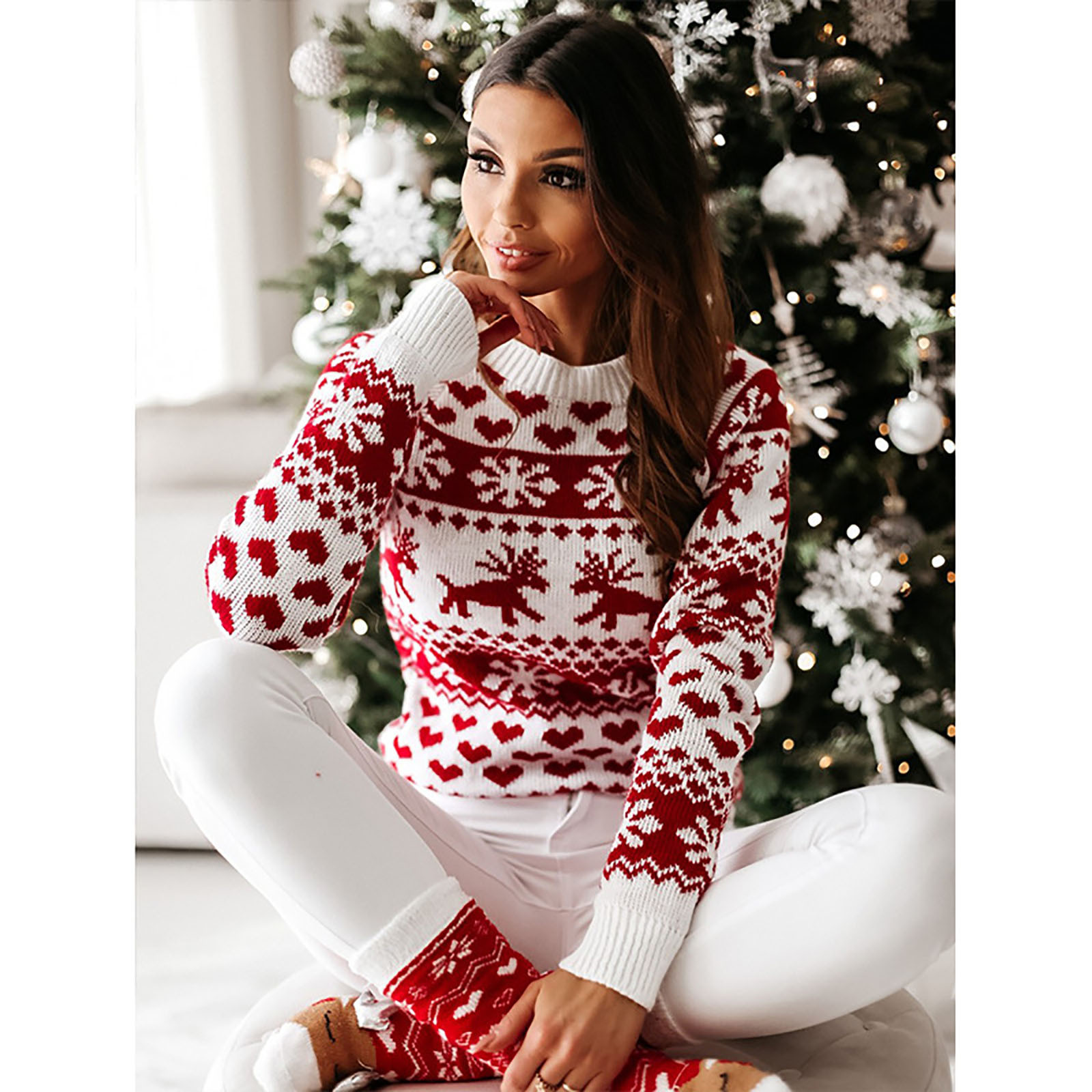 Wirziis Fall Ugly Christmas Sweater for Women Christmas Print Elements for Women's Ugly Christmas Sweater Casual O-neck Comfortable Long Sleeve Loose Ugly Christmas Sweater - Gifts for Women
